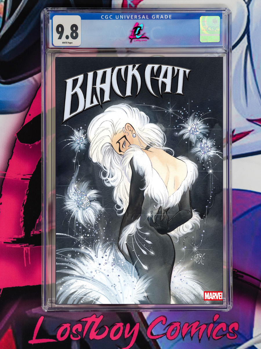 Comic book cover of Black Cat in a glass case with 'Lostboy Comics' branding.