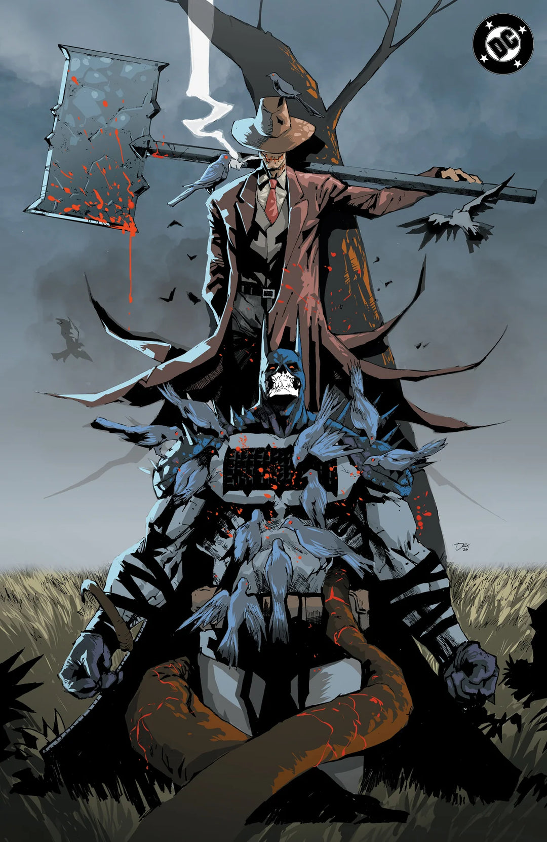 Illustration of a character with a large axe and a hat, standing on a grassy field with a dark sky.