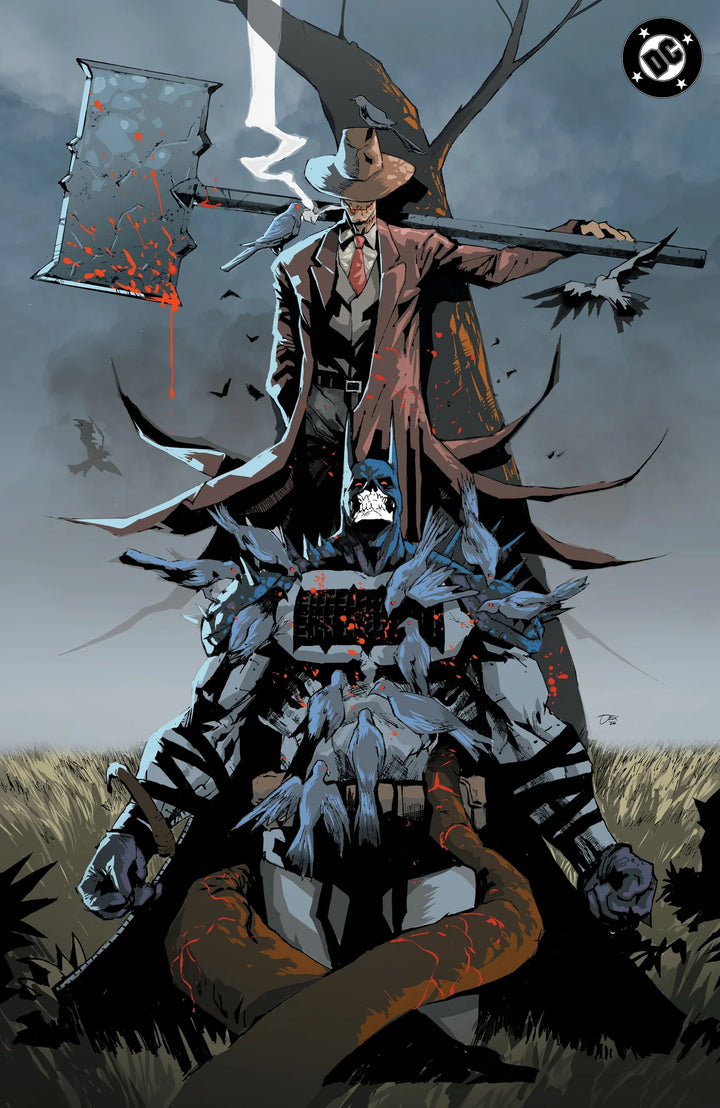 Illustration of a character with a large axe and a hat, standing on a grassy field with a dark sky.