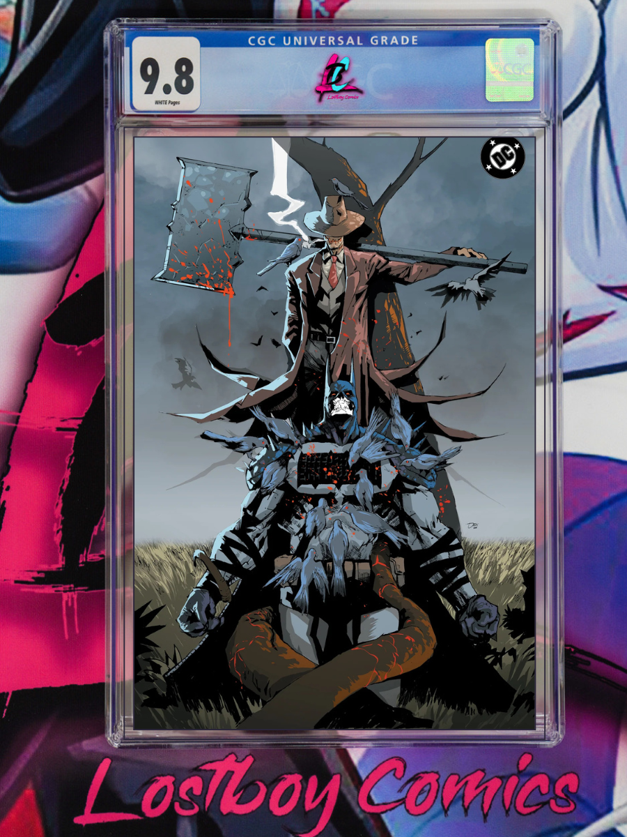 Illustration of a character with a large axe and a hat, standing on a grassy field with a dark sky, graded 9.8 by CGC, in a clear protective case.