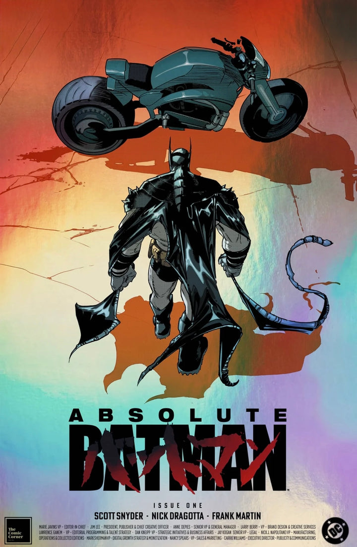 Comic book cover of 'Absolute Batman' with a superhero and motorcycle on a colorful background.