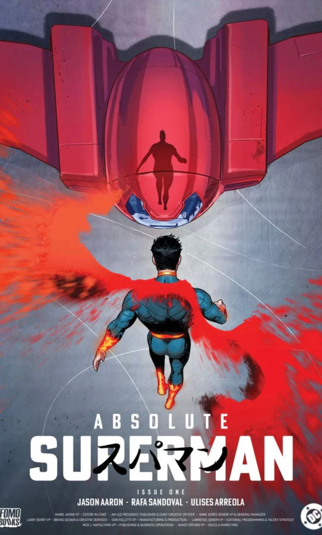 Comic book cover of 'Absolute Superman' with a superhero in a blue suit and red cape.