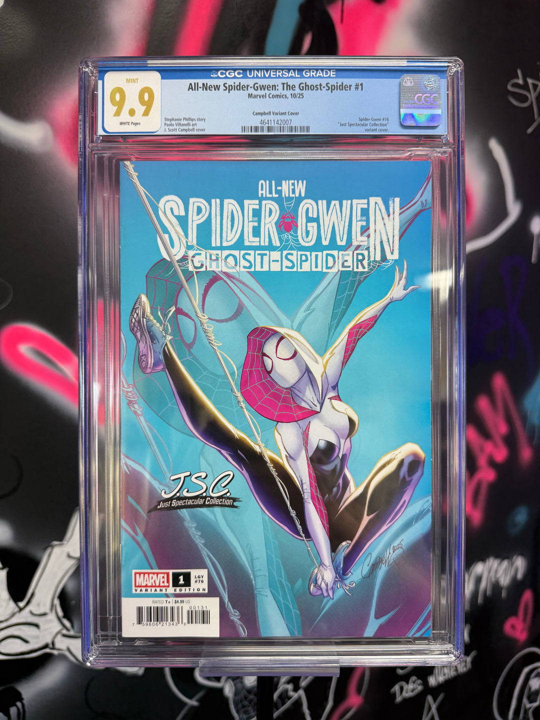 Comic book 'All-New Spider-Gwen: The Ghost-Spider #1' in CGC holder with colorful background