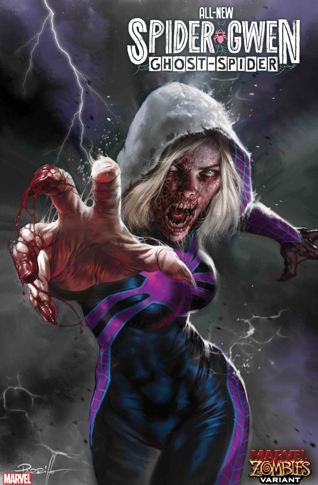 Comic book cover featuring Spider-Gwen in a zombie transformation with dark, stormy background.
