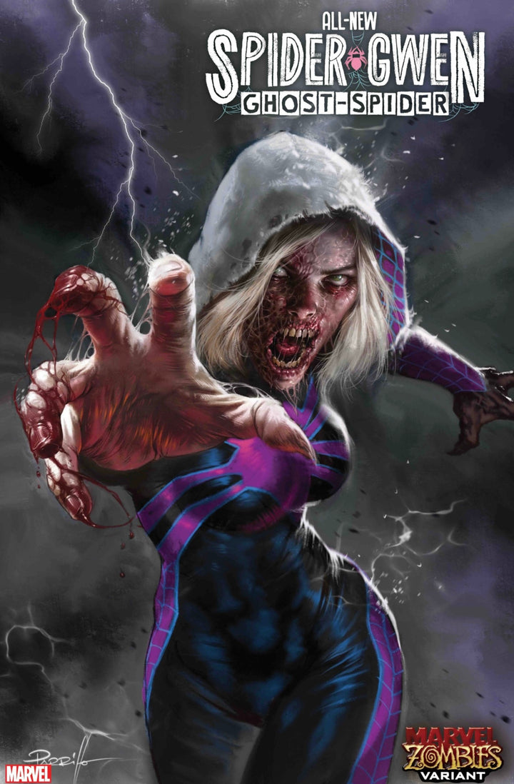 Comic book cover featuring Spider-Gwen in a zombie transformation with dark, stormy background.