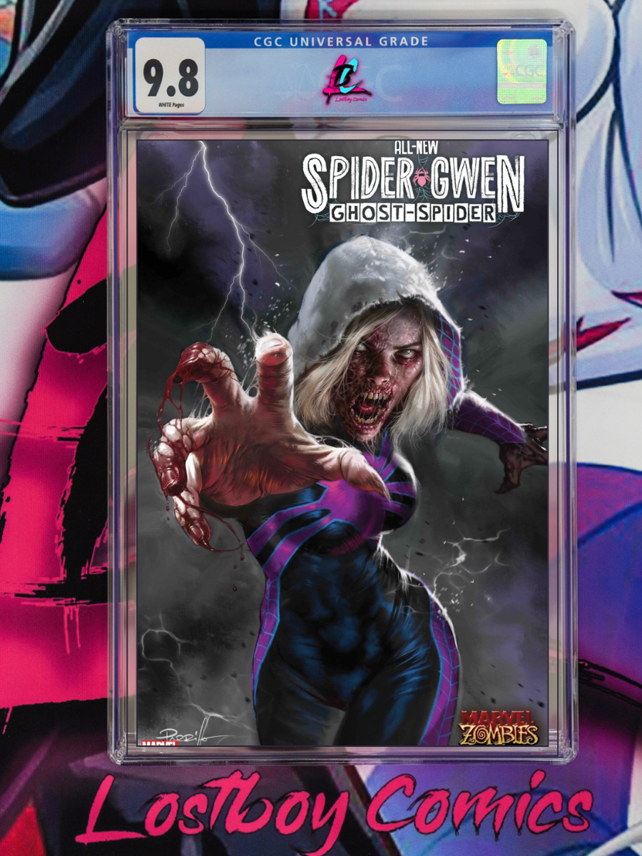 Comic book cover featuring Spider-Gwen with a grading label on a colorful background