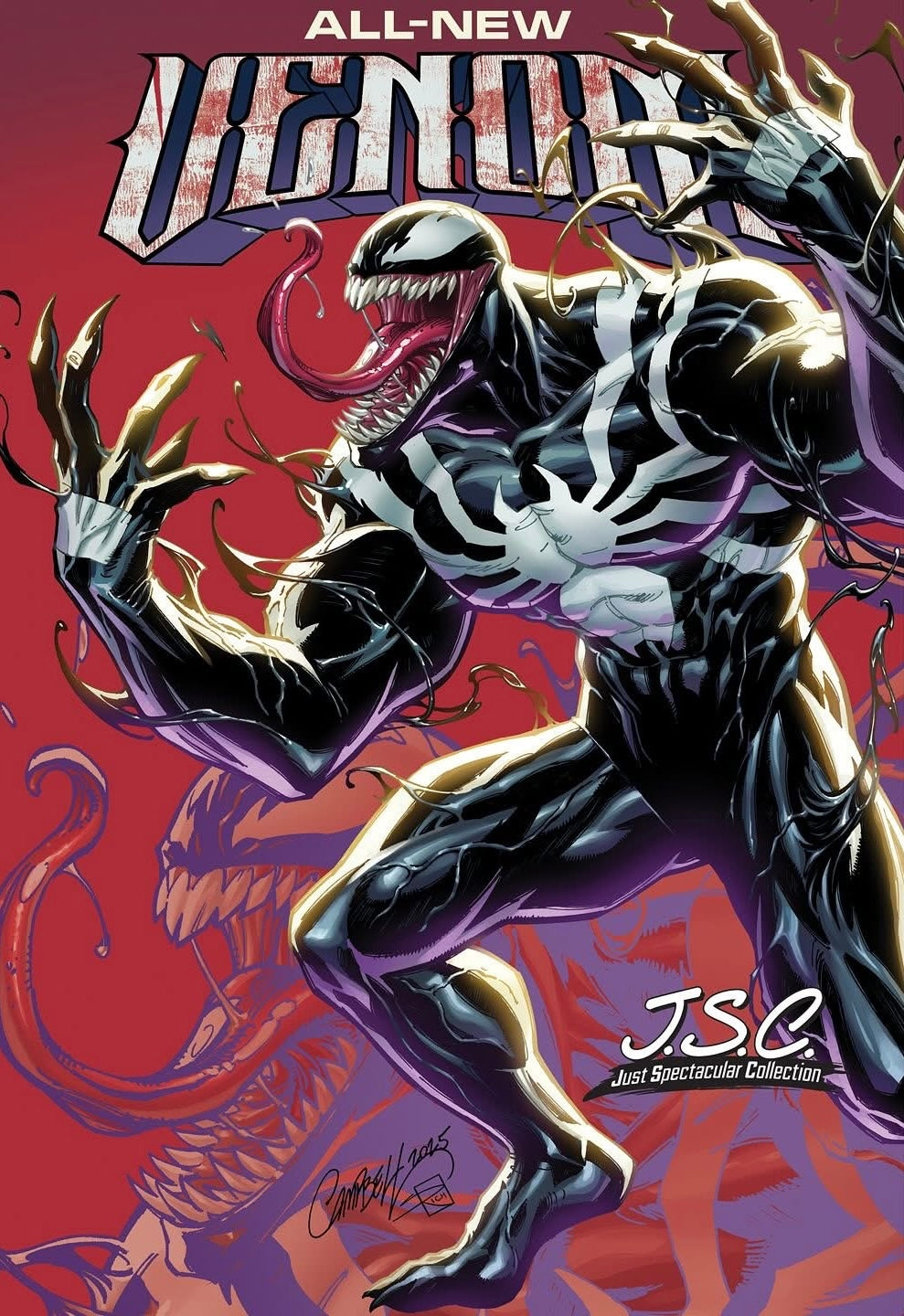 Comic book cover featuring Venom with 'All-New' and 'J.S.G.' text on a red and purple background.