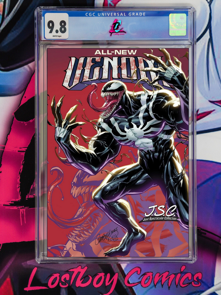 Comic book cover featuring Venom in a CGC grading case with 'Lostboy Comics' branding.