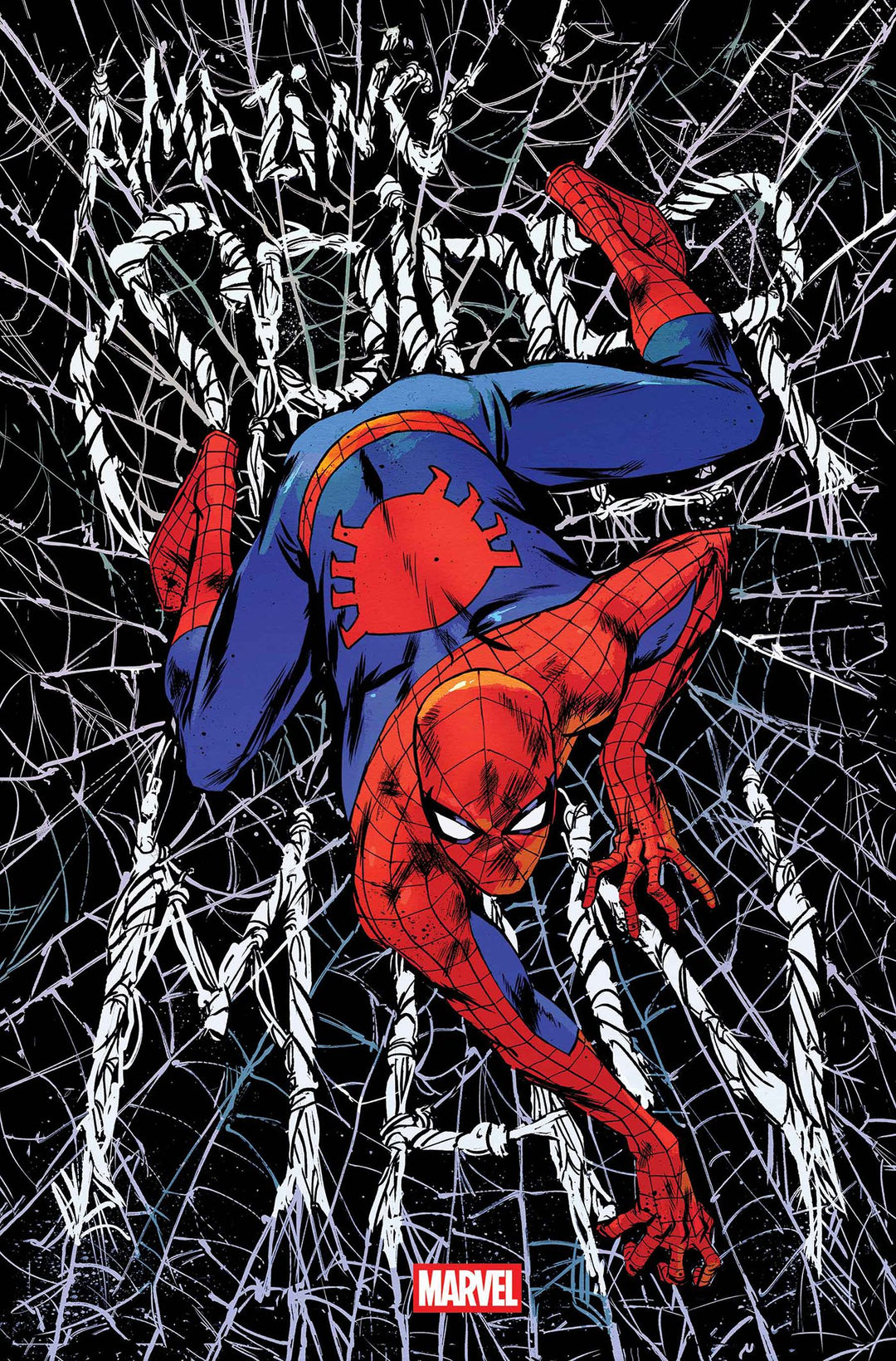 Spider-Man in a dynamic pose on a spider web pattern with Marvel logo.