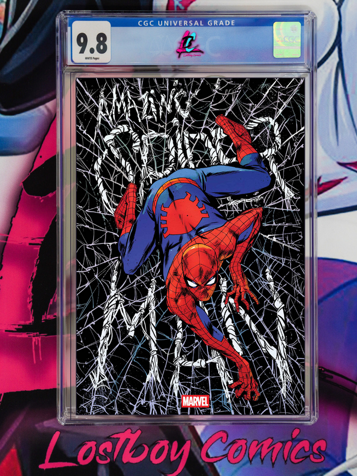 Spider-Man comic book cover in a glass case with a grading label, featuring the Marvel logo.