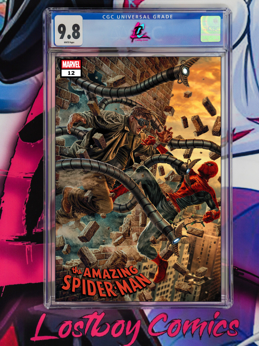 Comic book cover of 'The Amazing Spider-Man' in a CGC grading case with 'LostBoy Comics' branding.