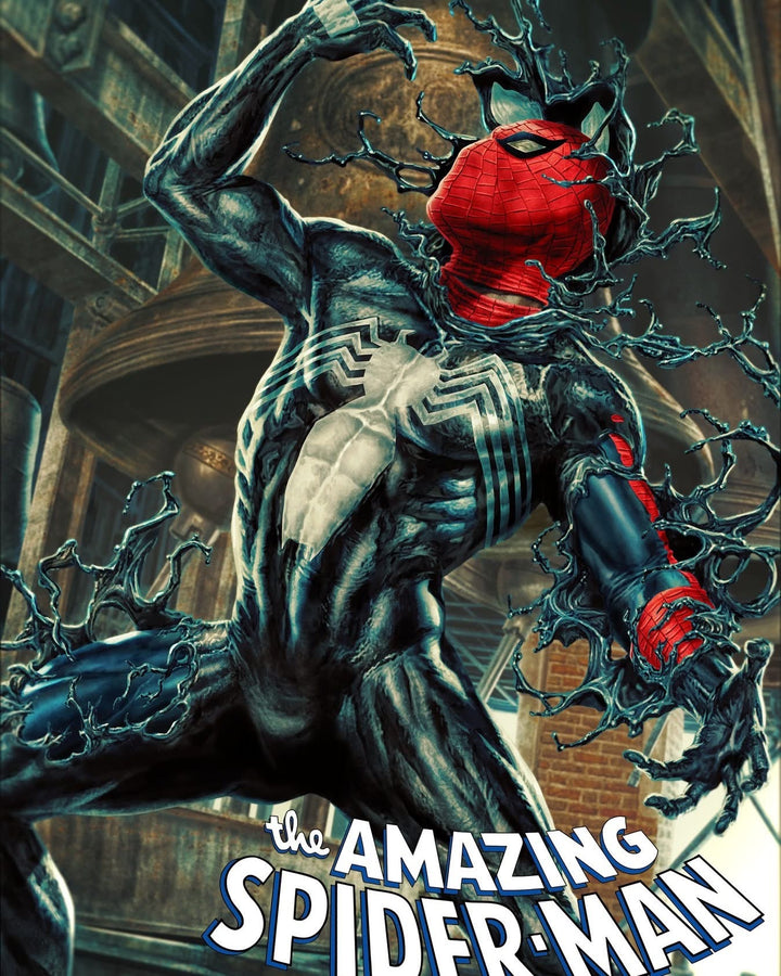 Illustration of Spider-Man with red face and black and gray costume, with 'The Amazing Spider-Man' text.