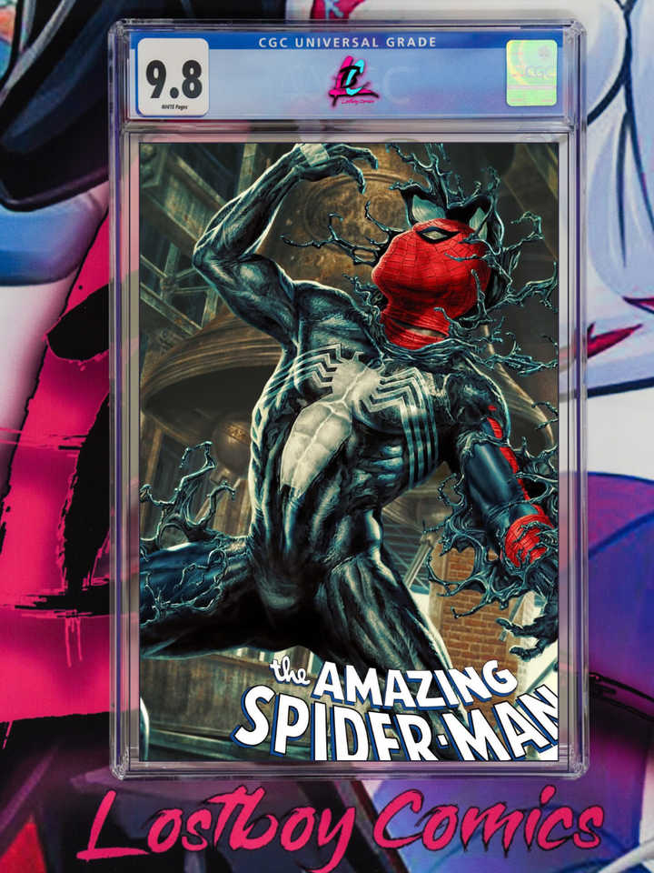 Comic book cover of 'The Amazing Spider-Man' with a CGC grading label on a colorful background.
