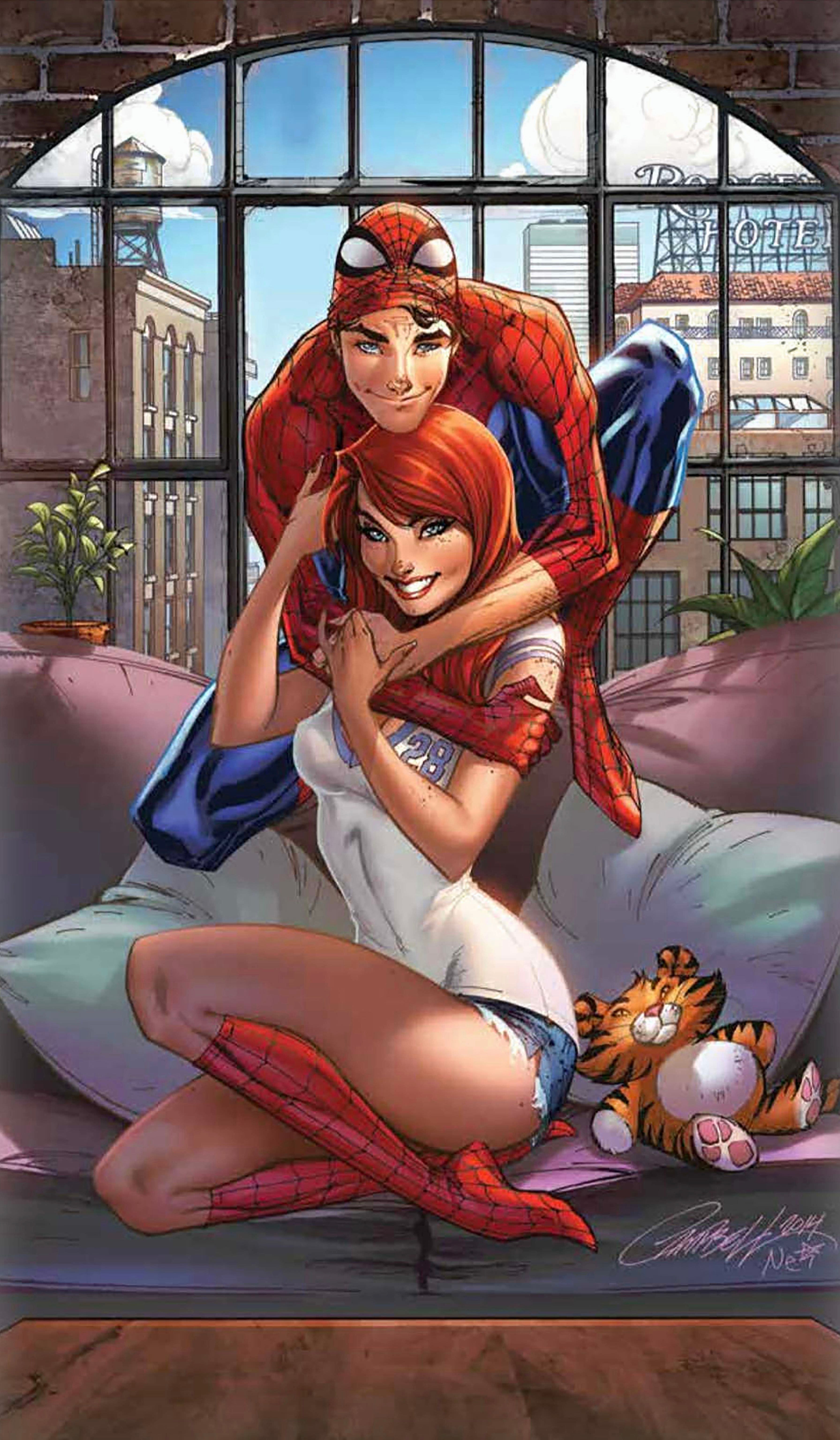 Cartoon characters Spider-Man and a woman sitting on a couch with a cat, in a room with large windows.