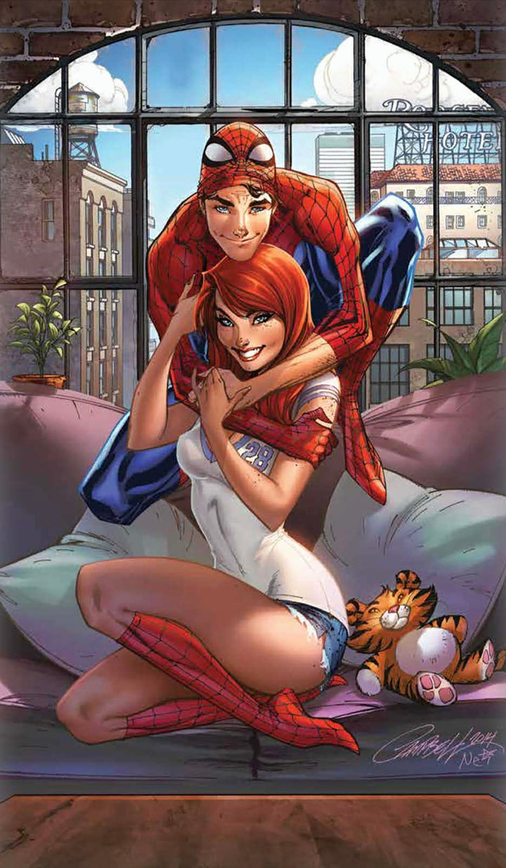 Cartoon characters Spider-Man and a woman sitting on a couch with a cat, in a room with large windows.