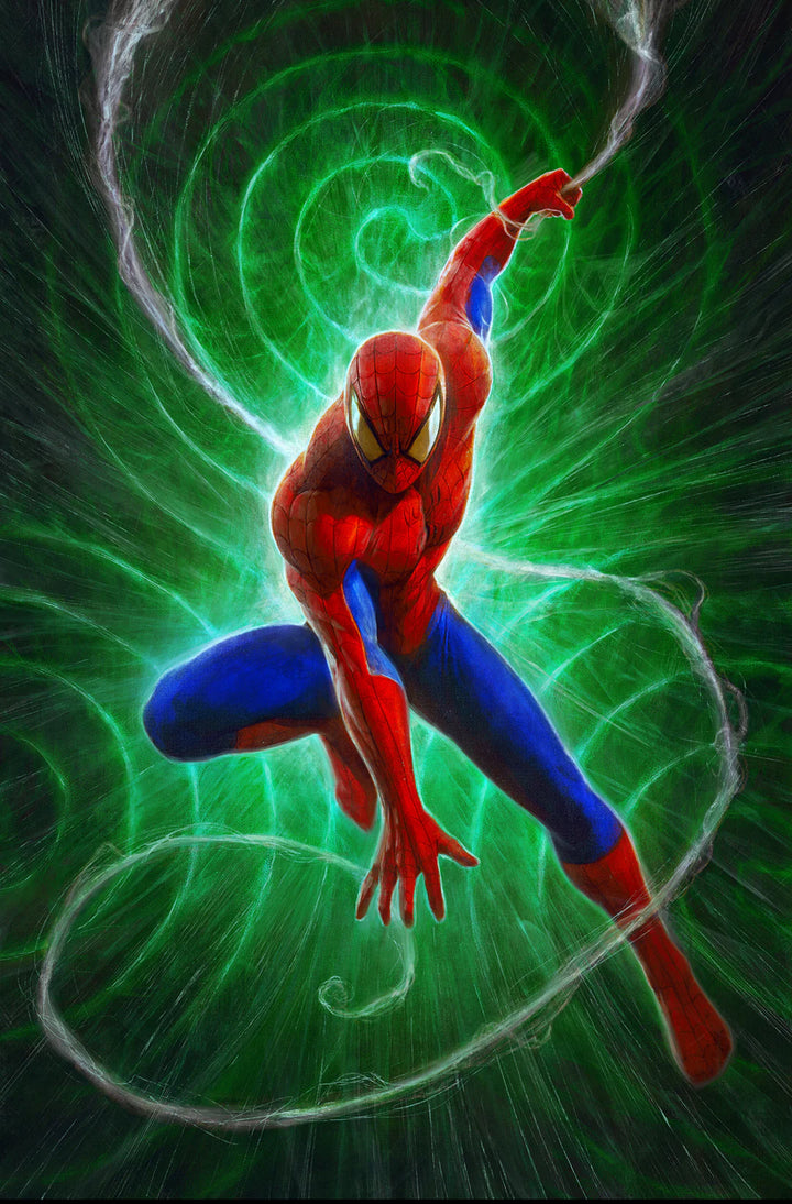 Spider-Man in a dynamic pose with green energy effects