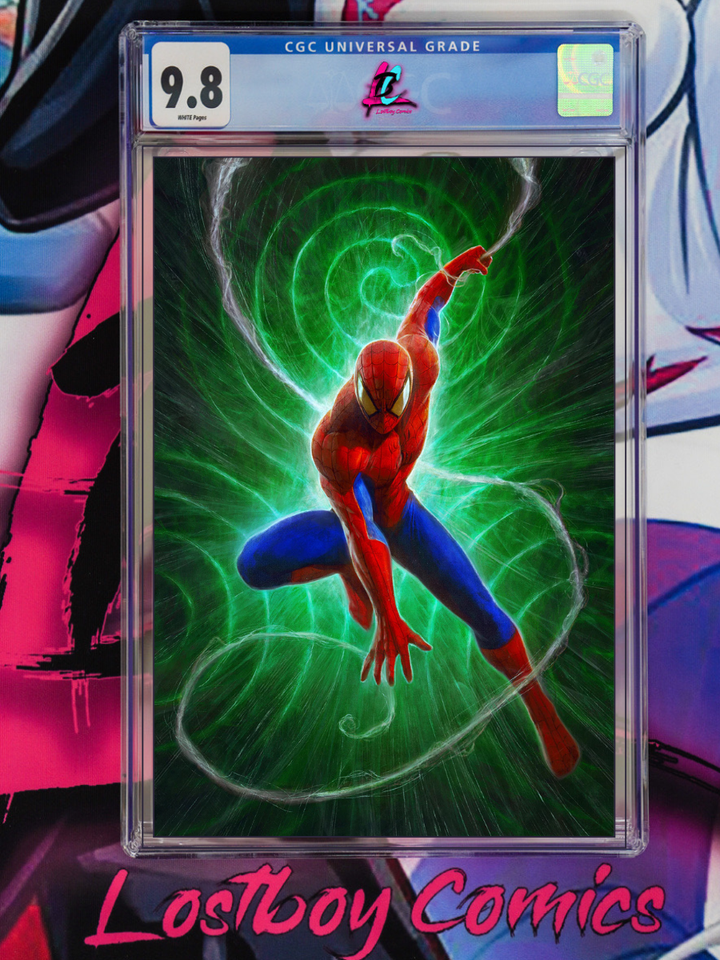 Comic book cover featuring Spider-Man with a grading label and 'Lostboy Comics' branding.