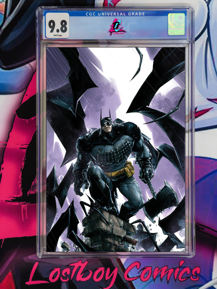 Comic book-style illustration of a superhero in a dark costume with bat-like wings against a purple background.