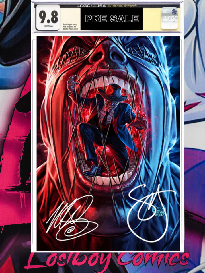 Comic book with an Illustration of a character in a cowboy hat sitting inside a mouth with red and blue tones, featuring signatures, in a protective case.