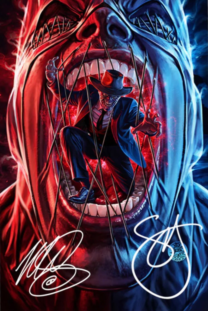 Illustration of a character in a cowboy hat sitting inside a mouth with red and blue tones, featuring signatures.