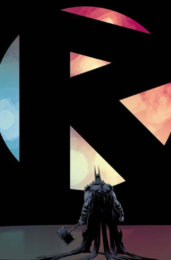 Batman standing in front of a large letter with an abstract background