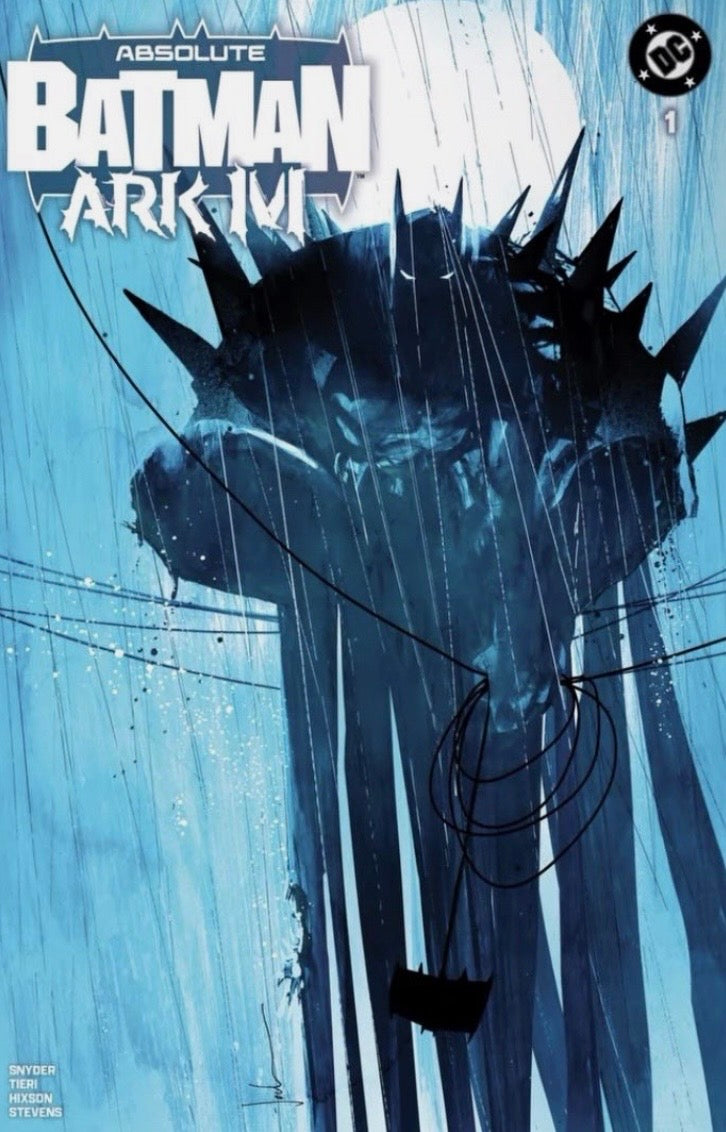Comic book cover of 'Absolute Batman Ark M' with a silhouette of a character against a blue background.