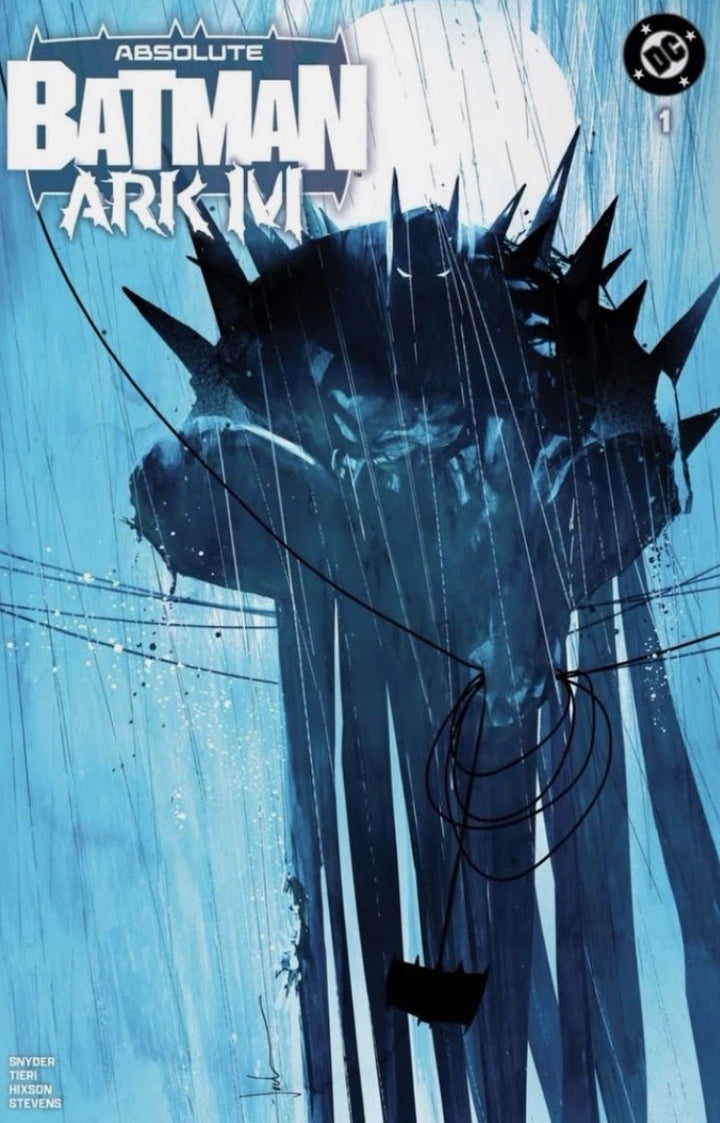 Comic book cover of 'Absolute Batman Ark M' with a silhouette of a character against a blue background.
