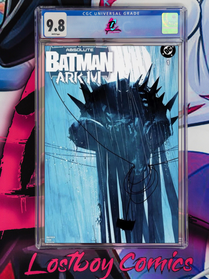 Comic book cover of 'Absolute Batman Ark M' with a silhouette of a character against a blue background.