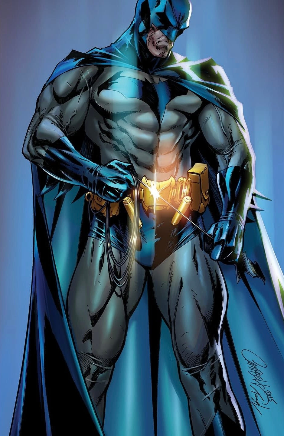 Superhero in a detailed costume with cape and utility belt on a gradient background