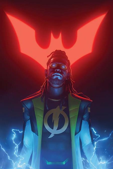 Person wearing a superhero costume with a red bat symbol in the background