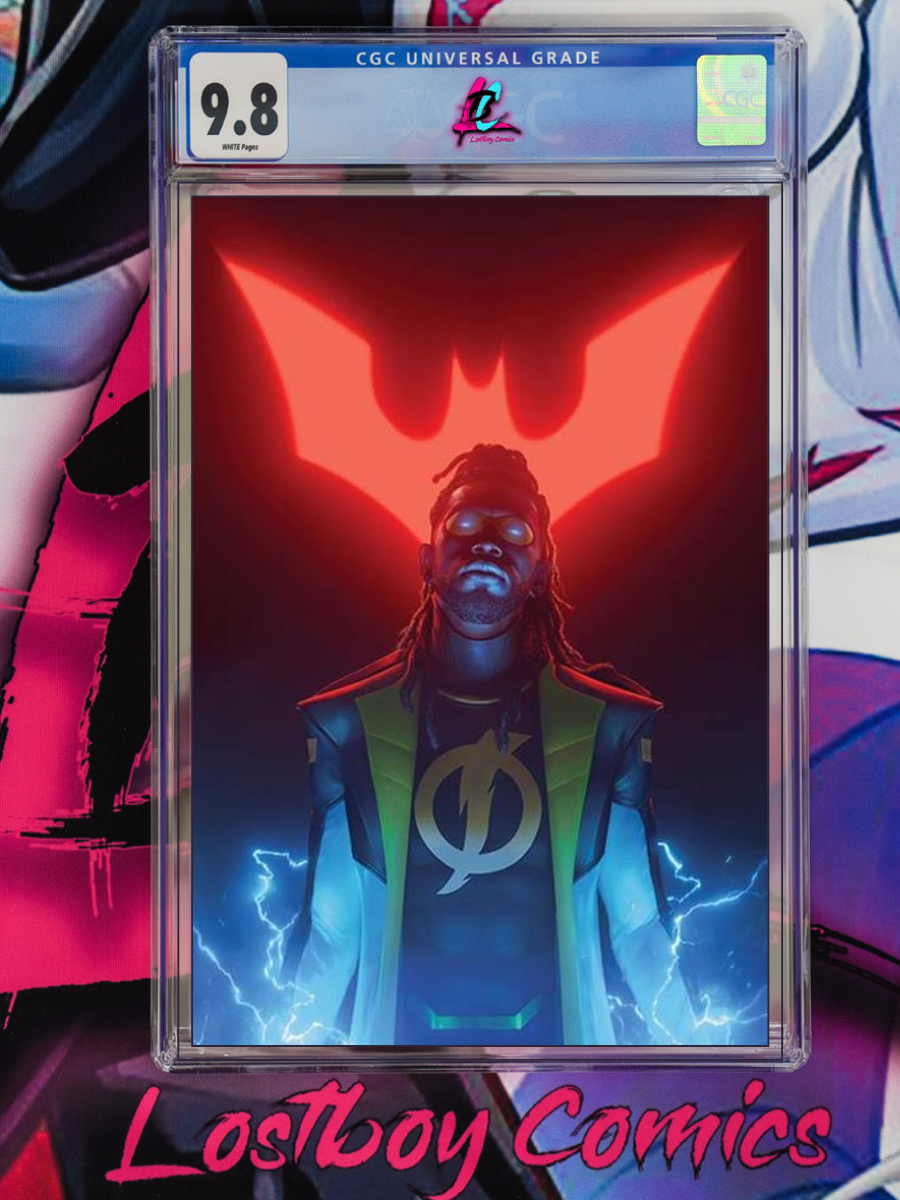 Comic book cover with a character in a superhero costume, graded 9.8 by CGC, in a LostBoy Comics display case.