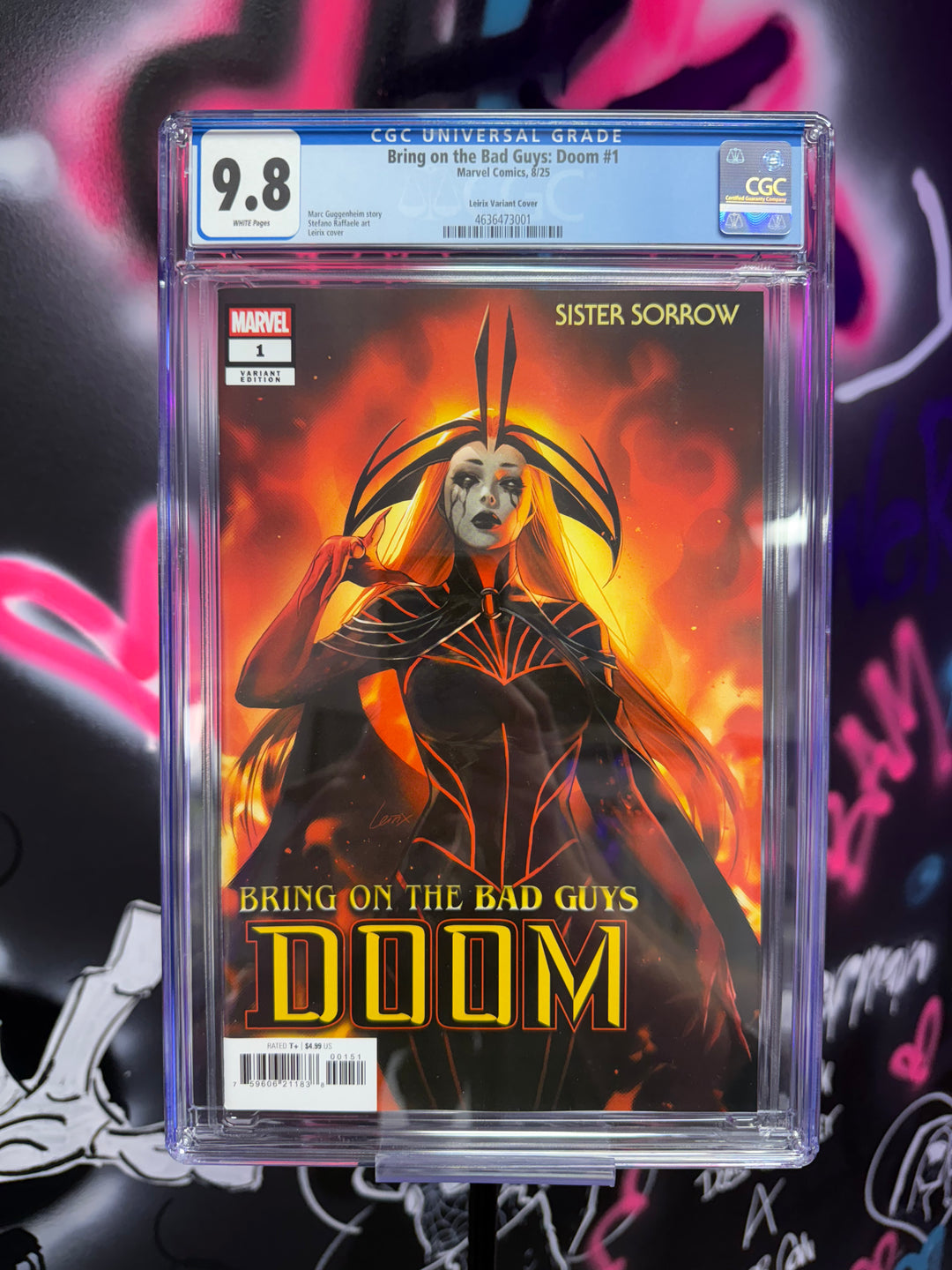 Comic book cover featuring 'Sister Sorrow' with a CGC grading label on a colorful abstract background.