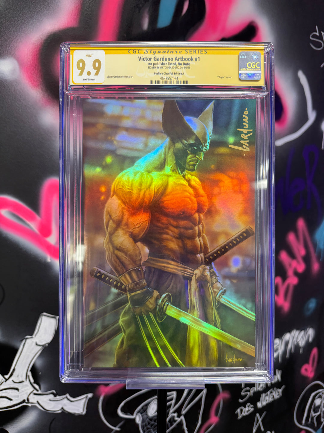 Grunge-style superhero card with a character holding a sword against a colorful, abstract background.
