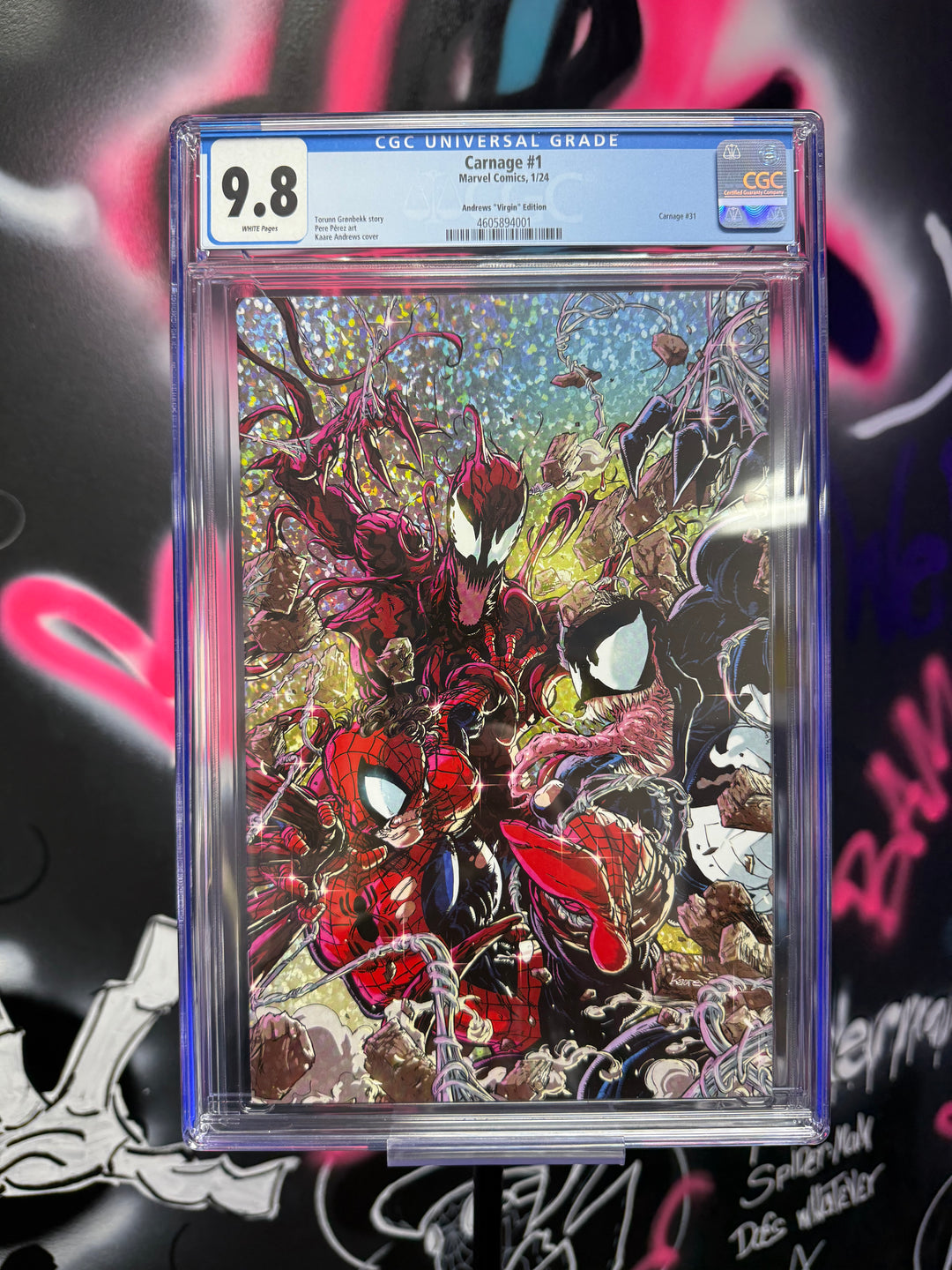 Comic book cover with CGC grading label on a graffiti-style background