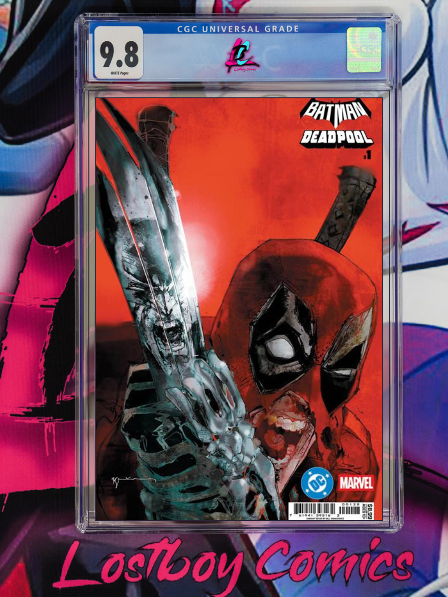 Comic book cover featuring Batman and Deadpool with a CGC grading label on a reflective surface.