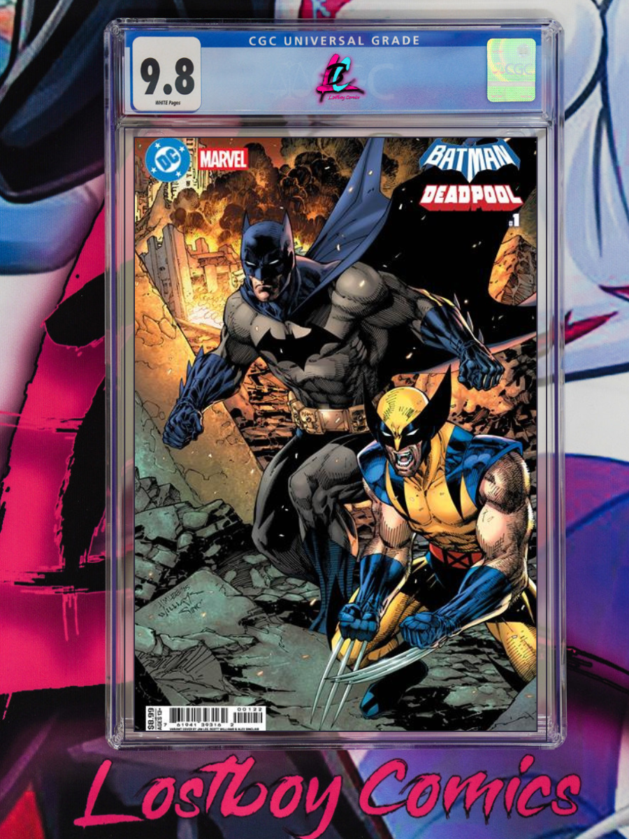 Comic book cover featuring Batman and Wolverine with a CGC grading label on a colorful background.