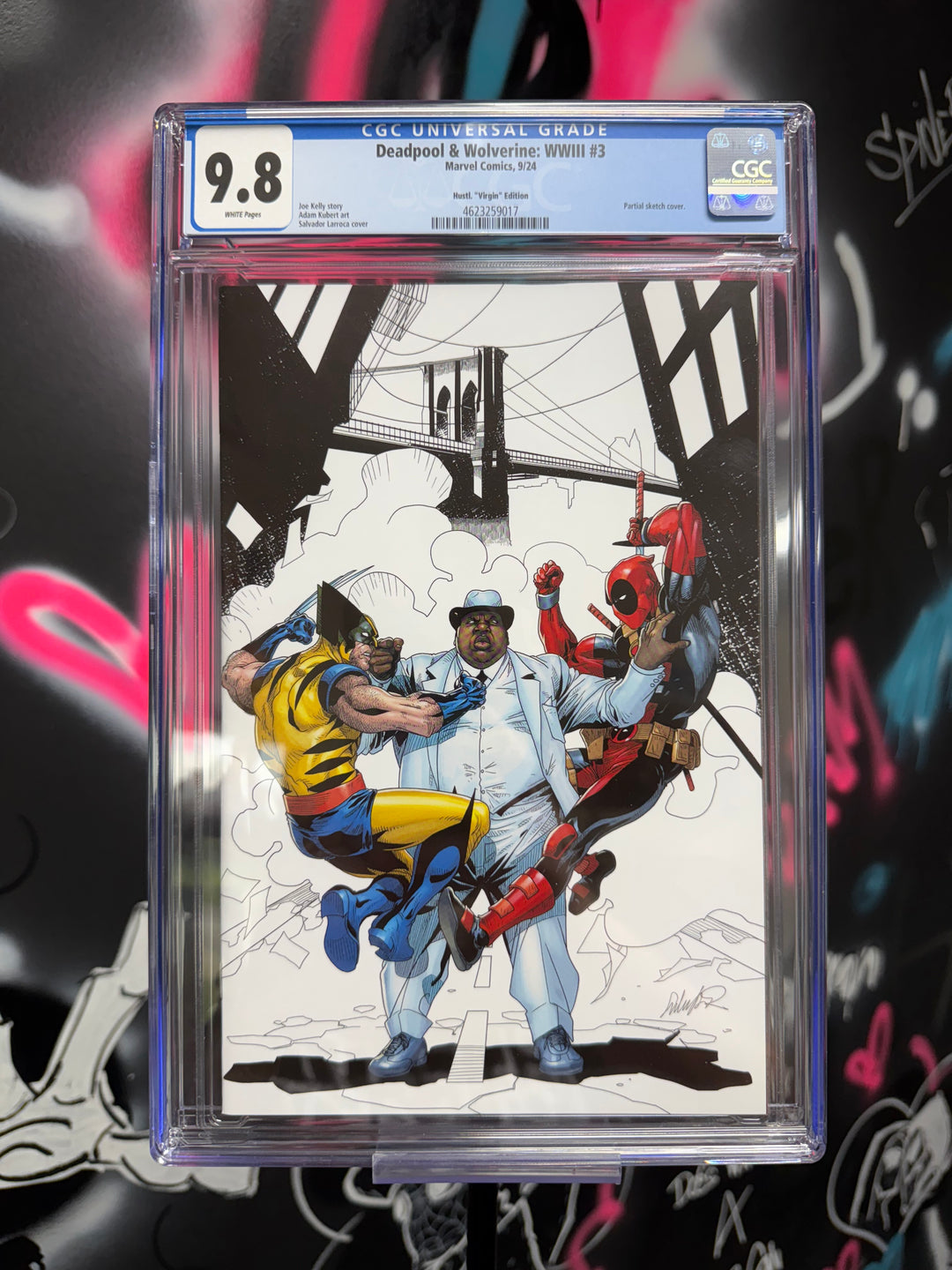 Comic book in a clear plastic case with a CGC grading label on a colorful abstract background