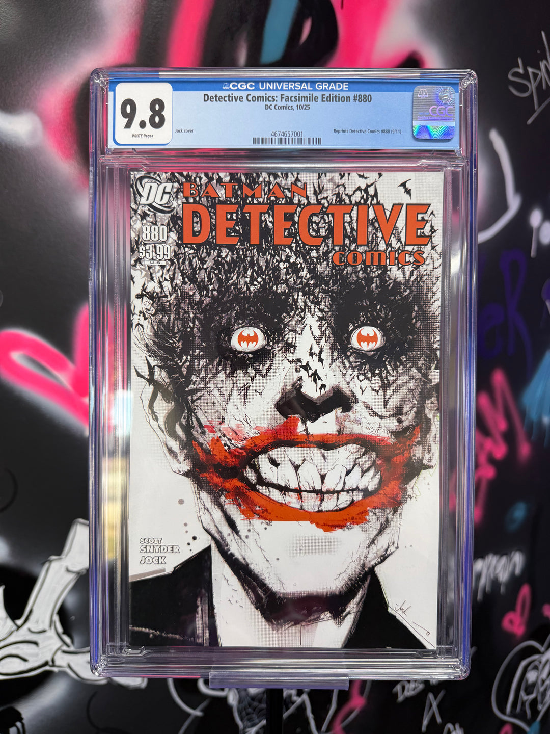 Comic book in a clear case with a grading label on a colorful graffiti background