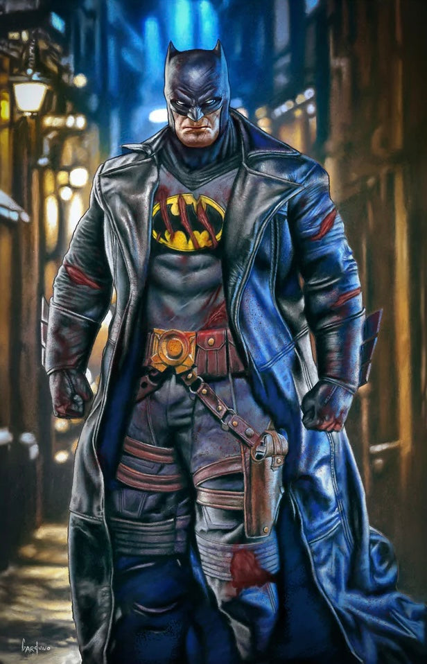 Superhero in a detailed costume with a coat and utility belt standing in an urban setting.