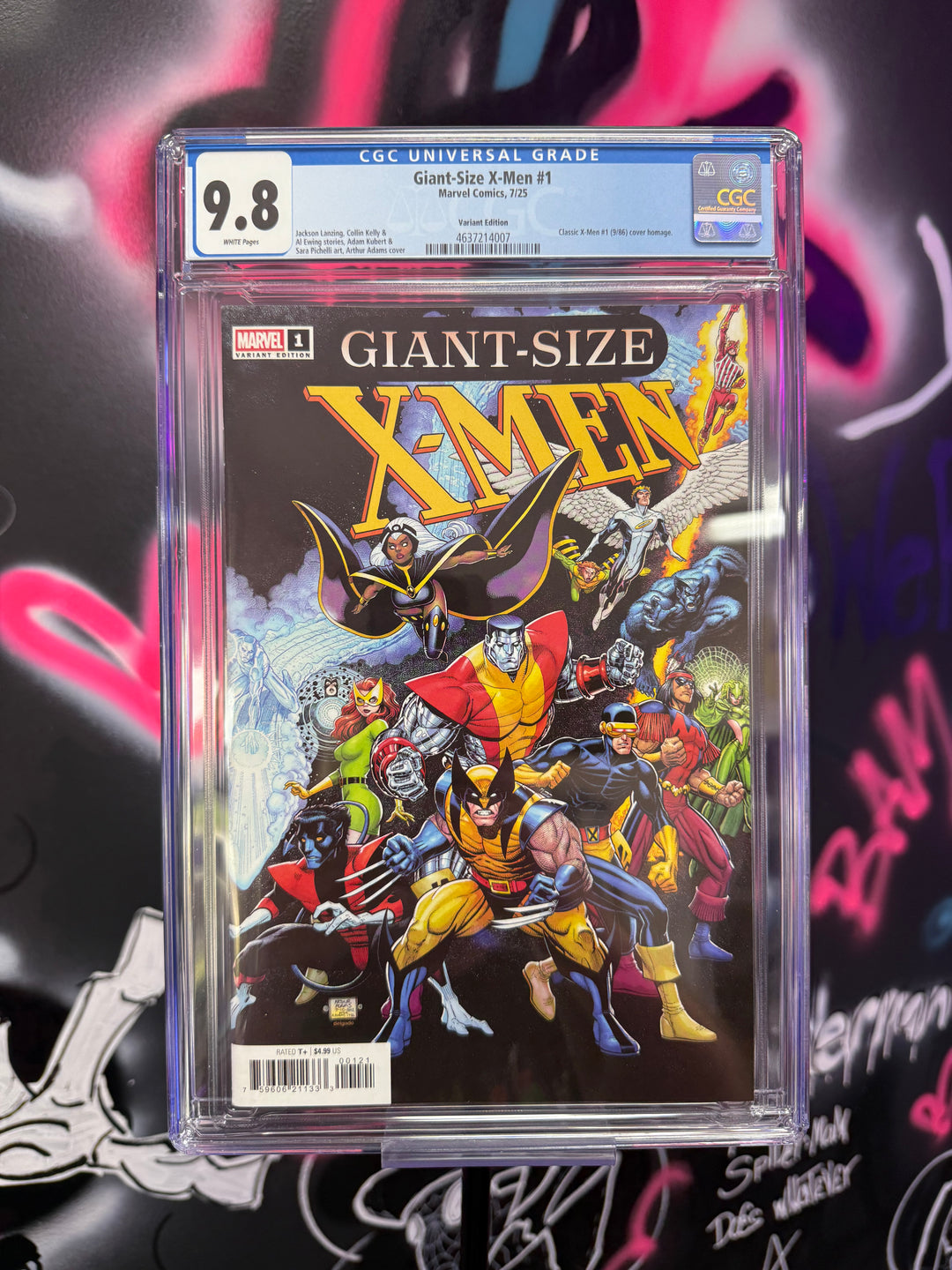 Comic book 'Giant-Size X-Men' in a clear plastic case with grading label on a colorful background