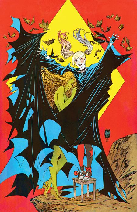 Artistic depiction of a character in a dark robe with wings, on a red and yellow background.