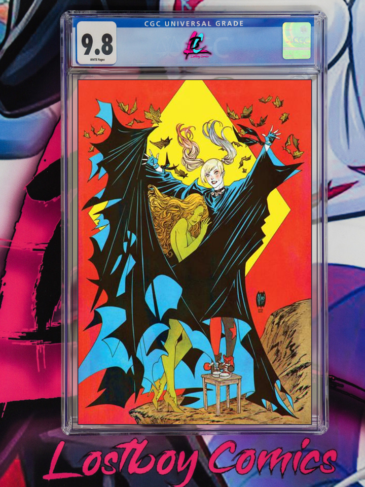 Comic book cover with a character in a dark outfit against a colorful background, graded 9.8 by CGC, with 'Lostboy Comics' branding.