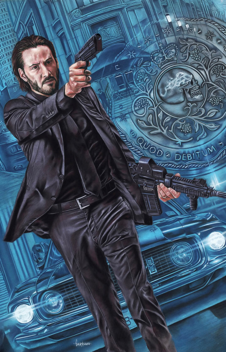 Man holding a gun in front of a futuristic background with a car and emblem.