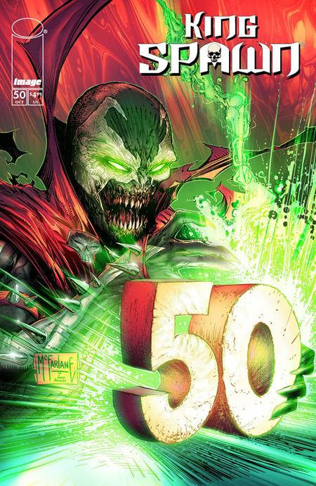Comic book cover featuring a green-skinned character with red hair and glowing green energy, with the number 50 prominently displayed.