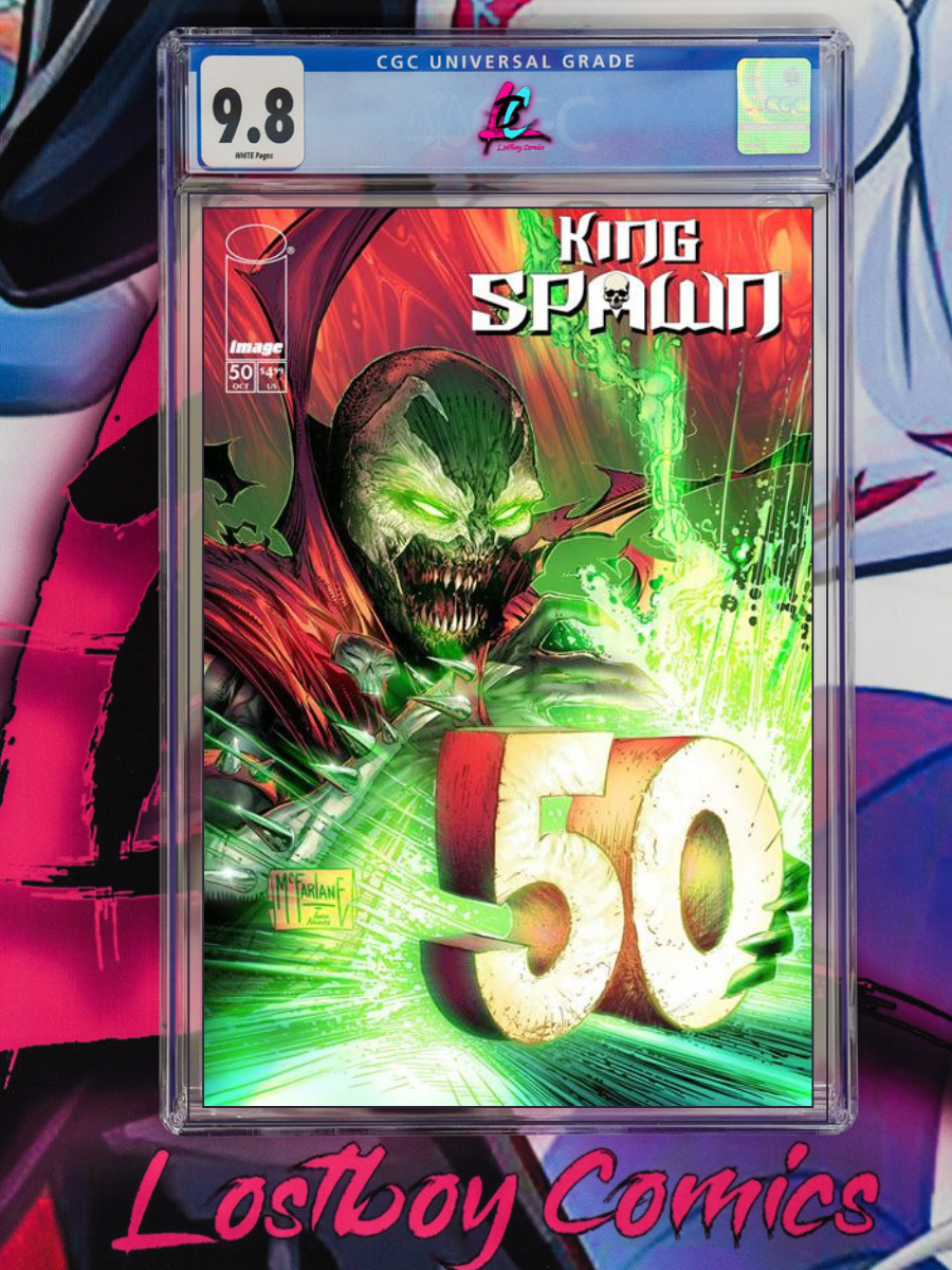 Comic book cover of 'King Spawn' with a CGC grading label, displayed by Lostboy Comics.