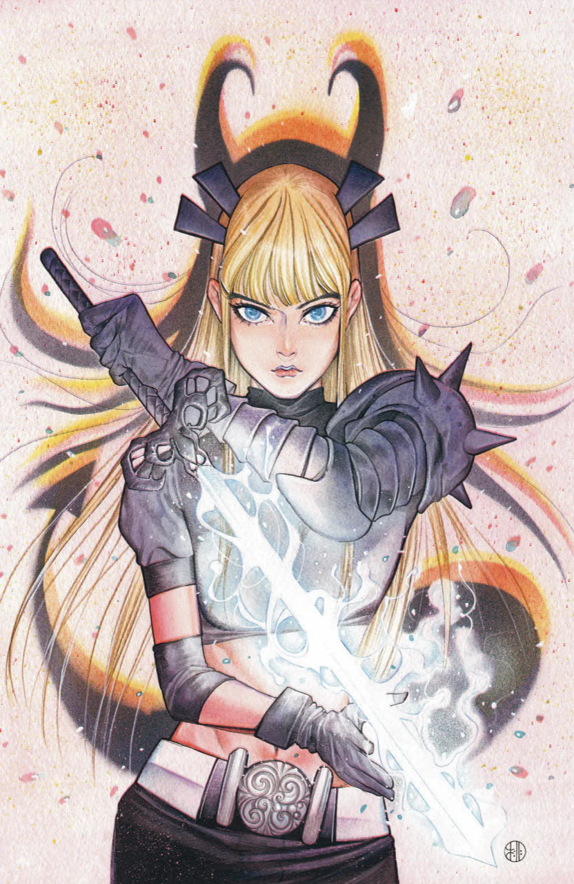 Animated character with blonde hair and horned headpiece on a light background