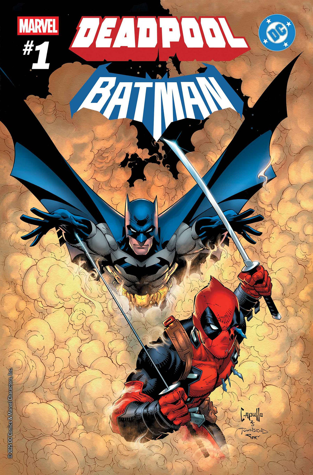 Comic book cover featuring Batman and Deadpool with Marvel and DC logos.