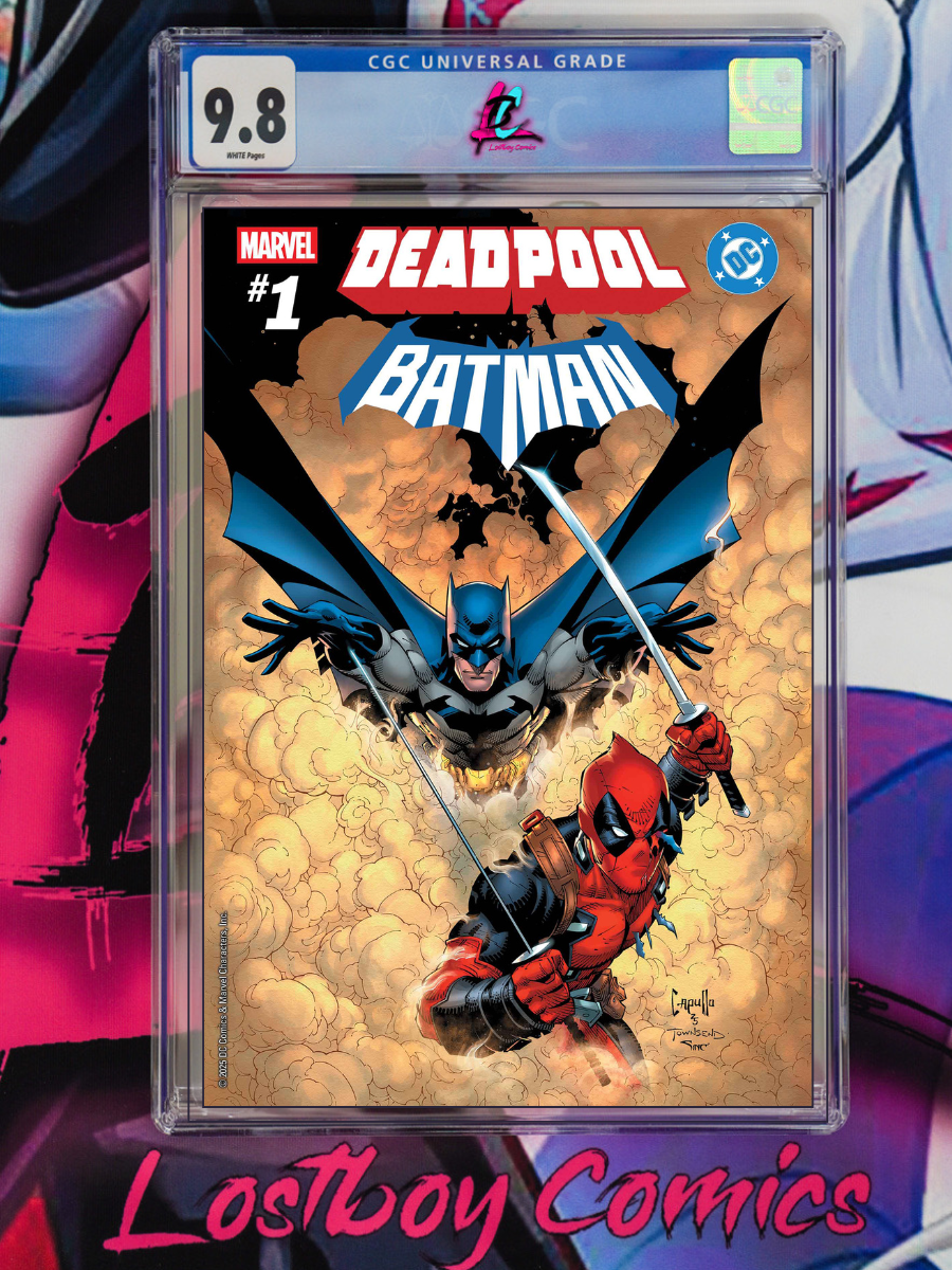 Comic book cover featuring Deadpool and Batman with a CGC grading label on a colorful background.