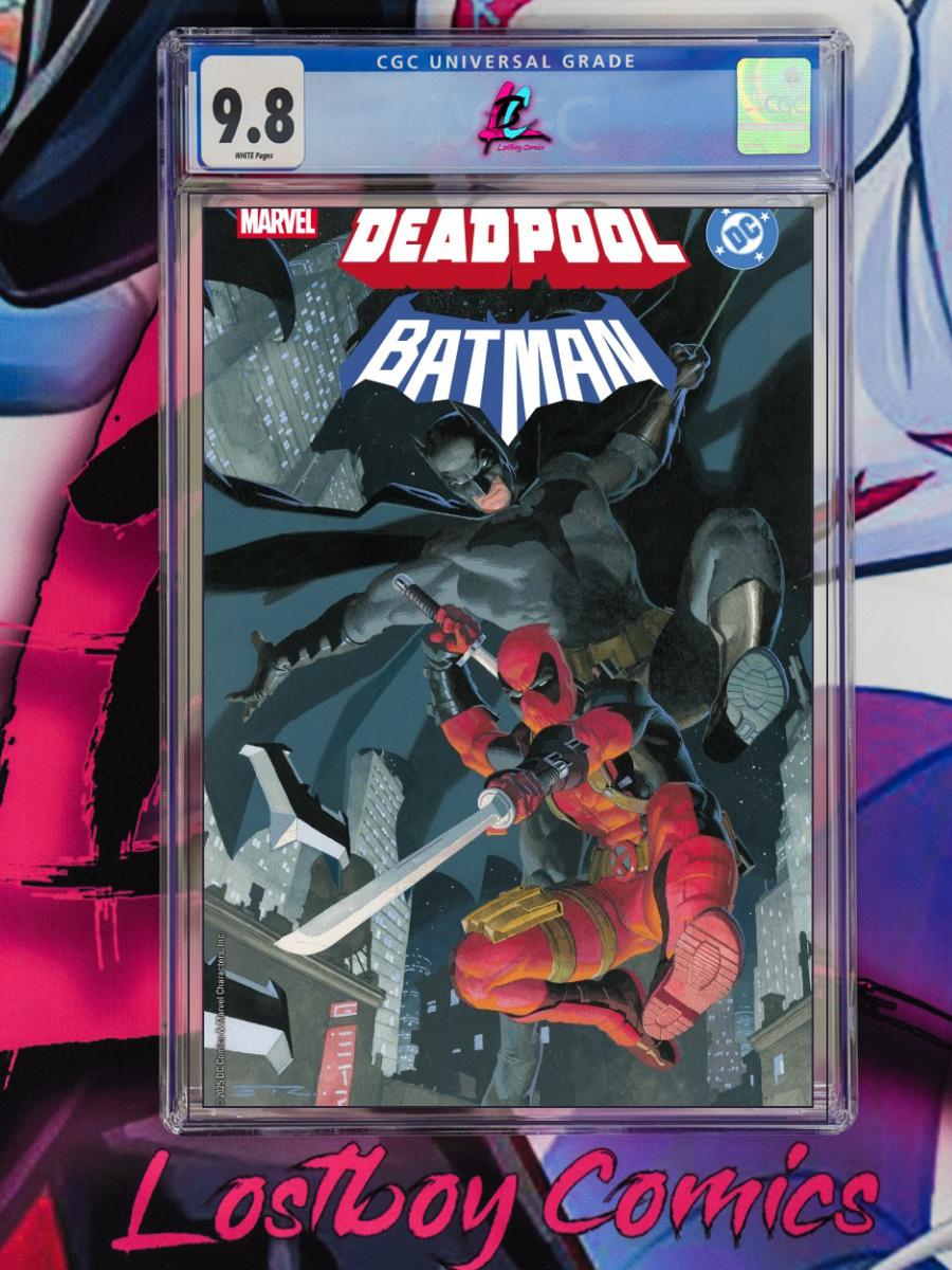 Comic book cover featuring Deadpool and Batman with a CGC grading label on a colorful background.