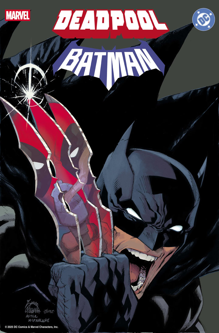 Comic book cover featuring Batman and Deadpool with superhero logos above.